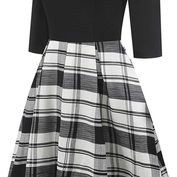 Women's Vintage Half Sleeve O-Neck Contrast Casual Pockets Party Swing Dress - Picture 3 of 3